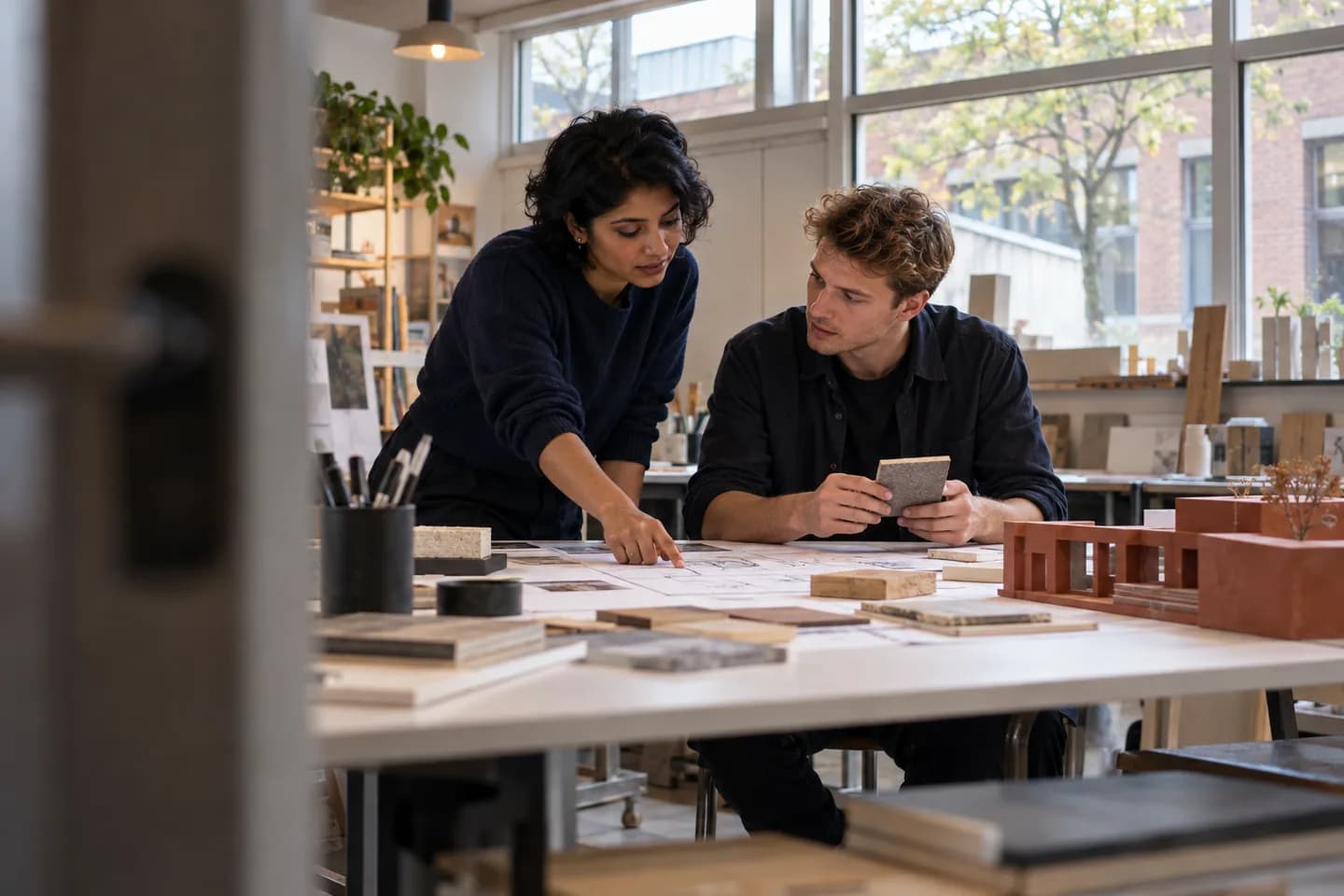 Twee jonge ontwerpers bespreken een tekening en materiaalmonsters in hun studio.